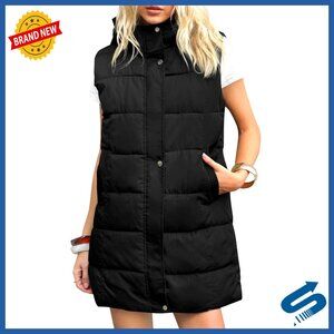Long Hooded Puffer Vest Sleeveless Zip Up Winter Quilted Gilet